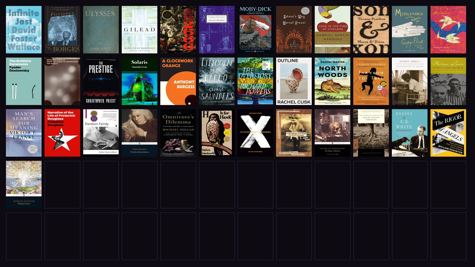A grid of book covers that runs out, leaving empty slots on the shelf